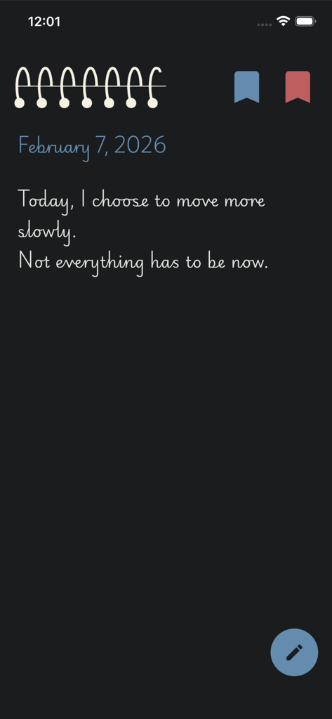 Uma entrada de diário diária minimalista no aplicativo Ami Note com uma citação de atenção plena em um fundo escuro