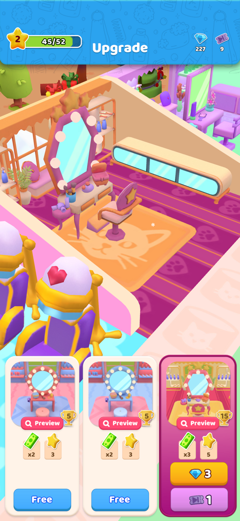 Purrfect Cat Club: Pet Salon - Una pantalla del juego Purrfect Cat Club que muestra varias opciones de mejora de la estación de tocador para un salón de mascotas de gatos