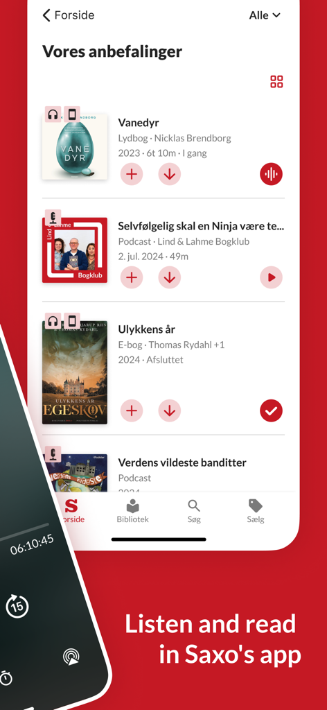 Saxo: Audiobooks & E-books - Interfaccia dell'app Saxo che mostra raccomandazioni per audiolibri, e-book e podcast