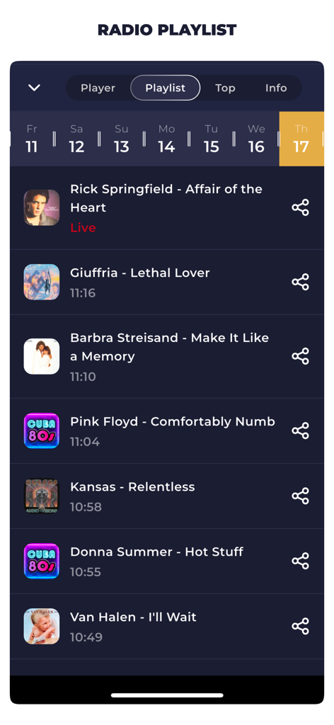 Song-Verlauf und Playlist-Bildschirm der Radio Cuba Live Mobile App mit kürzlich gespielten Titeln