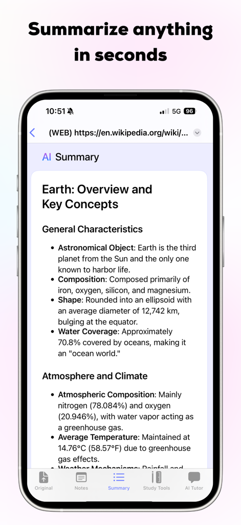 Mindgrasp - Mindgrasp app interface showing an AI generated summary of a Wikipedia page about Earth