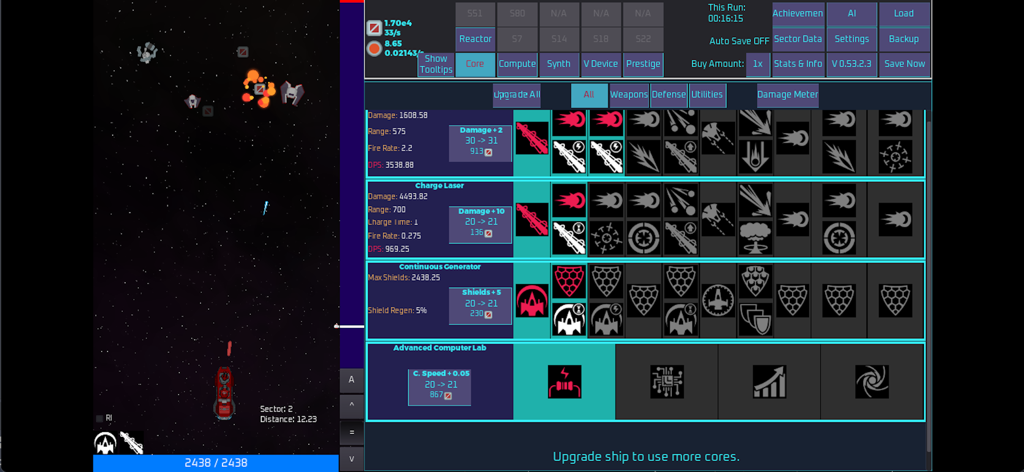 Unnamed Space Idle - Ship upgrade and customization interface in Unnamed Space Idle showing various systems and stats