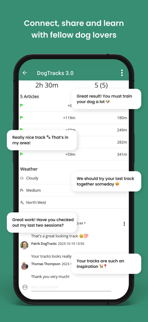 DogTrack - A screenshot of the DogTracks app social screen displaying user comments and feedback on dog tracking sessions