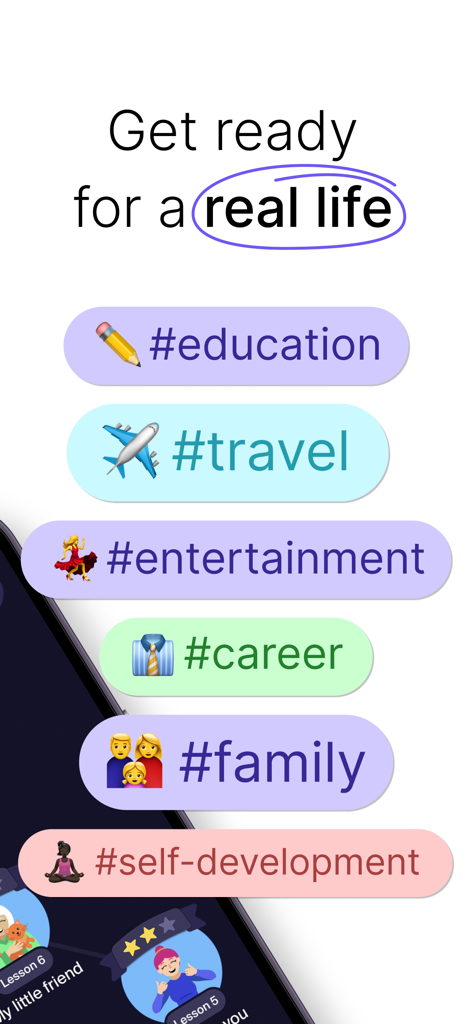 LANG: Learn New Languages - Capture d'écran de l'application LANG montrant différentes catégories d'apprentissage des langues, notamment l'éducation, les voyages, le divertissement, la carrière et la famille.