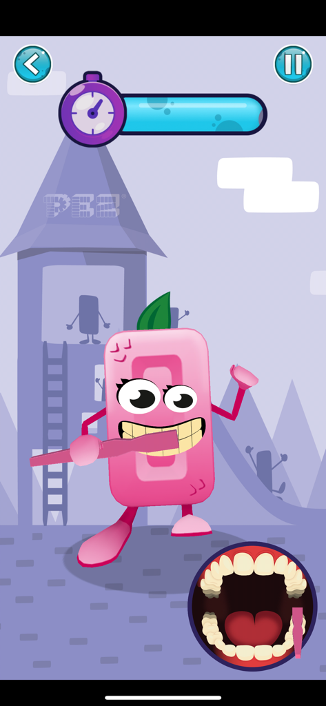 A pink PEZ character brushing its teeth in the Brush Buddy game feature.