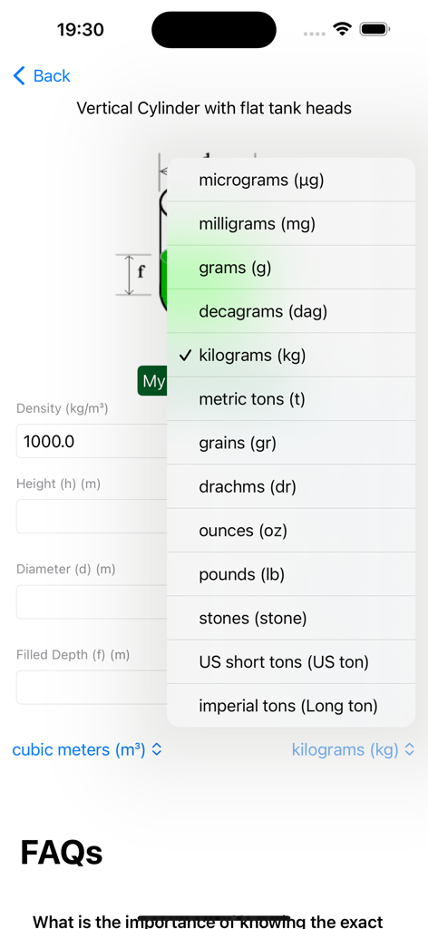 Tank Measure: Volume Calc - Tank Measure app showing a weight unit selection menu for vertical cylinder volume calculations