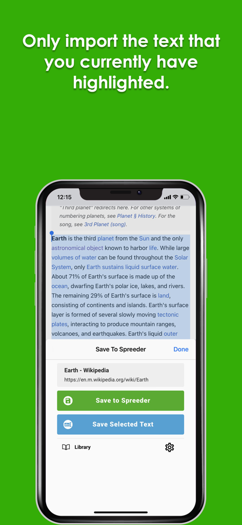 Save To Spreeder - iPhone showing the Save To Spreeder app saving highlighted text from a Wikipedia article