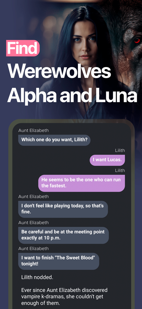 Interactive Stories - TellMe - Una interfaz de historia de chat de romance con temática de hombres lobo en la aplicación TellMe.