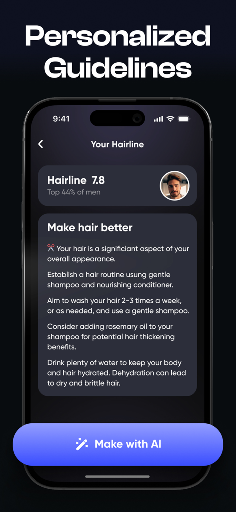 Schermata dell'app LooksMax Rate AI che mostra linee guida personalizzate per il miglioramento dei capelli e un punteggio dell'attaccatura dei capelli per uomini