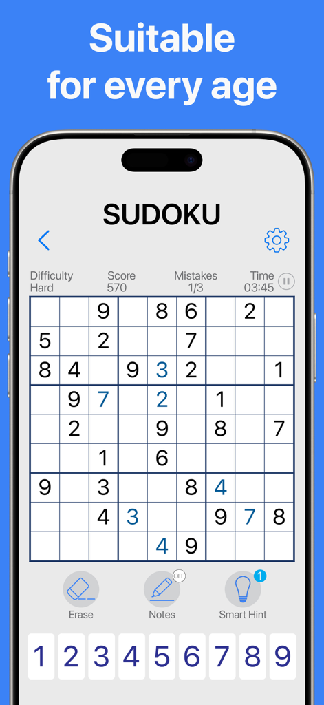 Sudoku No Ads - 위에 '모든 연령에 적합'이라는 문구가 있는 Sudoku No Ads 게임 인터페이스를 보여주는 스마트폰