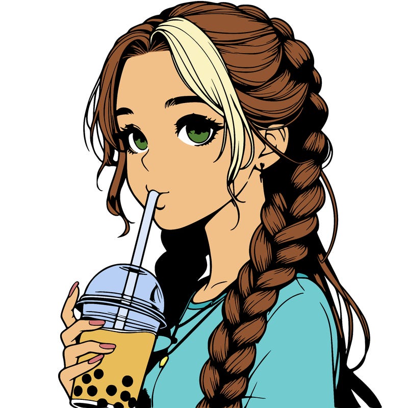 realistic girl with braided hair drinking boba