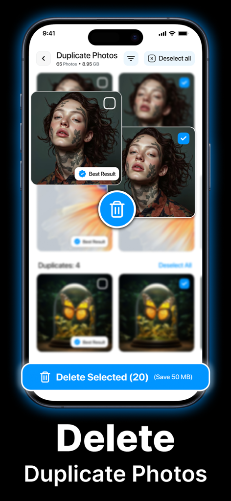 Clean Up Storage－Phone Cleaner - Interfaz de la aplicación Limpia Almacenamiento mostrando la función de eliminación de fotos duplicadas con imágenes seleccionadas para borrar.