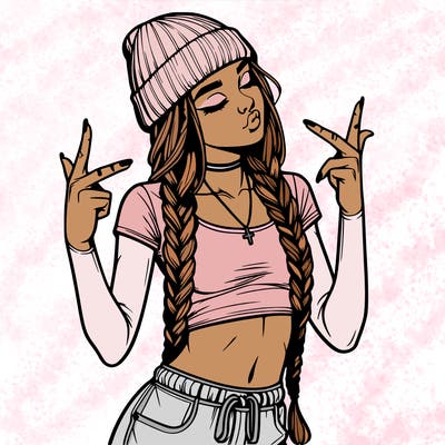 realistic teenage girl with braids and a beanie and crop top doing 🫶🏼