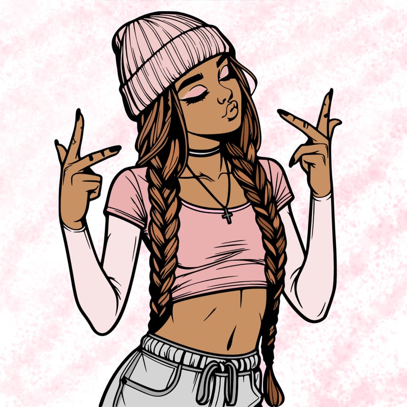 realistic teenage girl with braids and a beanie and crop top doing 🫶🏼
