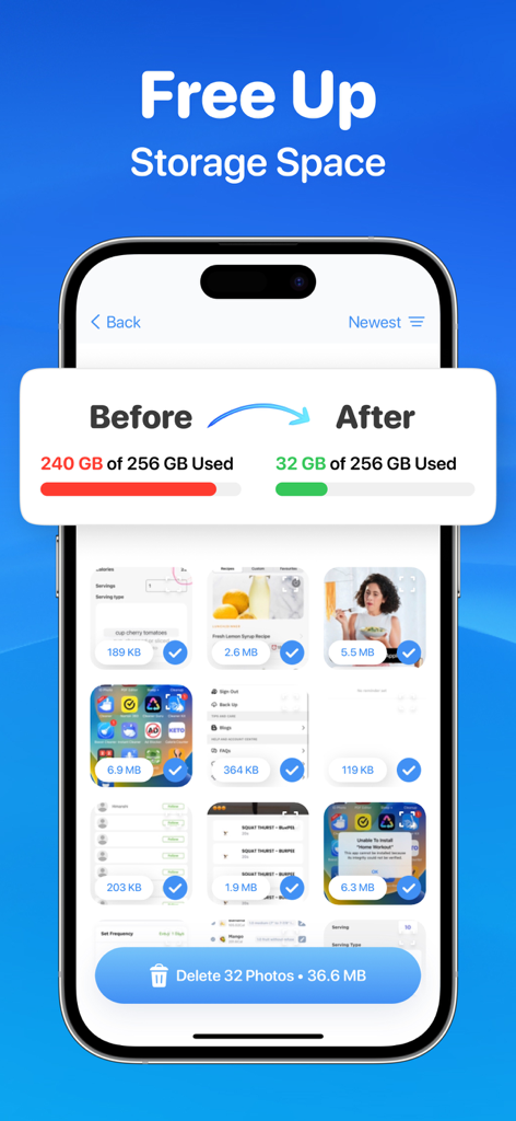 CleanUp Storage 앱 인터페이스는 정리 전후의 사용된 저장 공간 비교와 사진 삭제 기능을 보여줍니다.