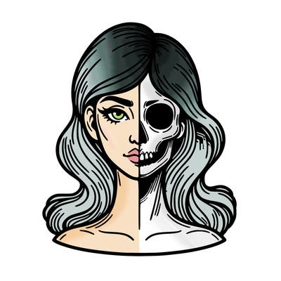 bust of a woman, half face and hair, half skull