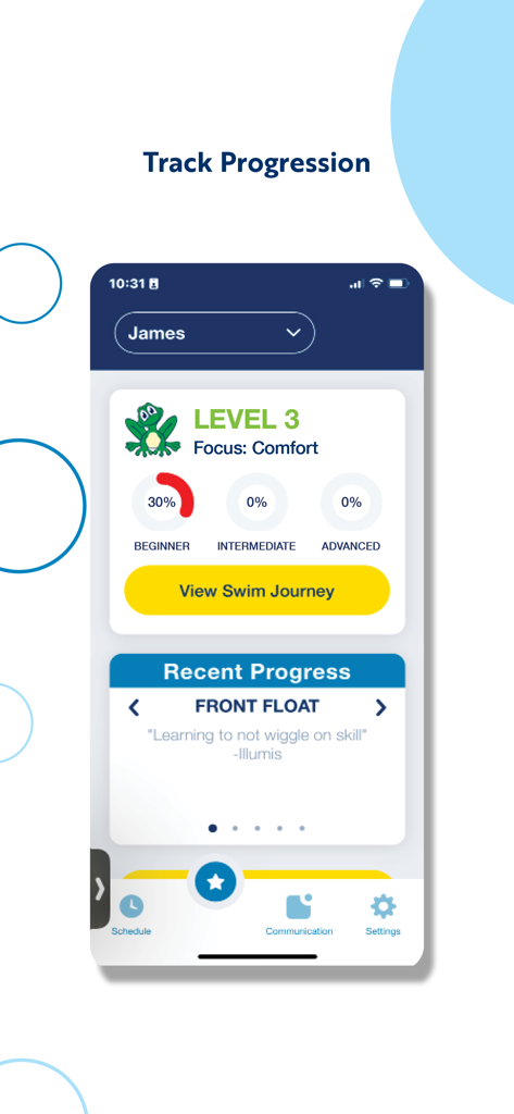 Aqua-Tots - Aqua Tots app interface showing child swim lesson progress and skill tracking