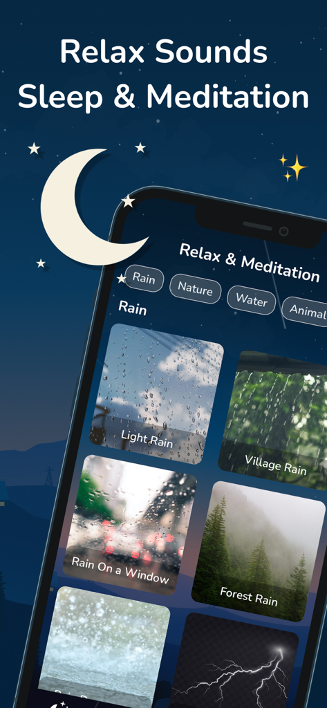 Interfaz de la aplicación Melodías Relajantes que muestra categorías de sonidos de lluvia para dormir y meditar, incluyendo lluvia ligera y lluvia en el bosque.