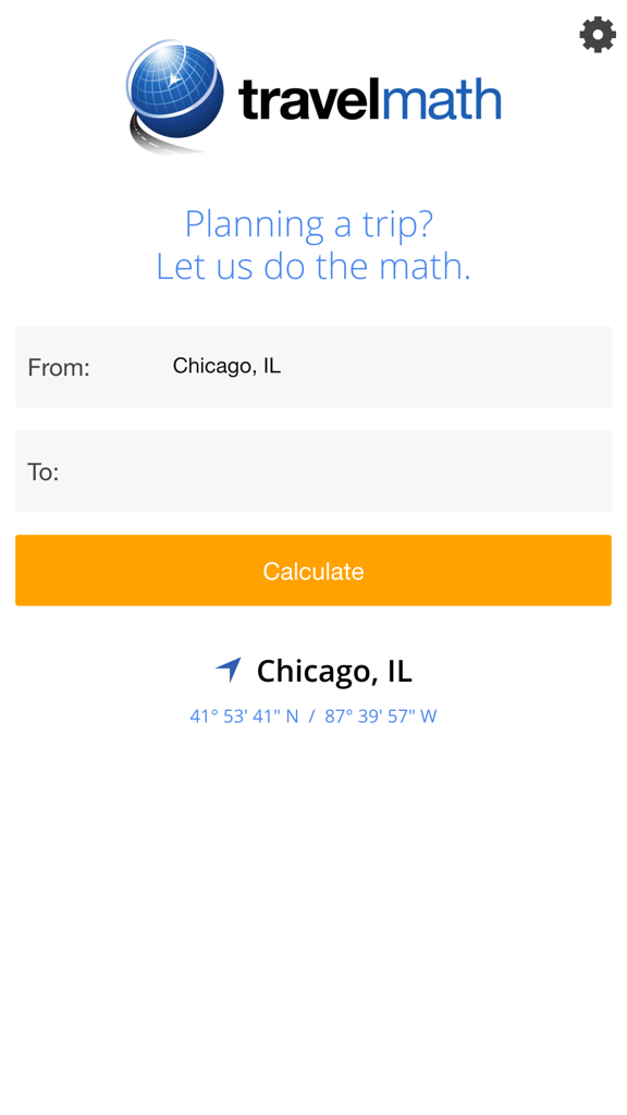 Travelmath - trip calculator - The main screen of the Travelmath app featuring input fields for trip origin and destination locations with a calculate button.