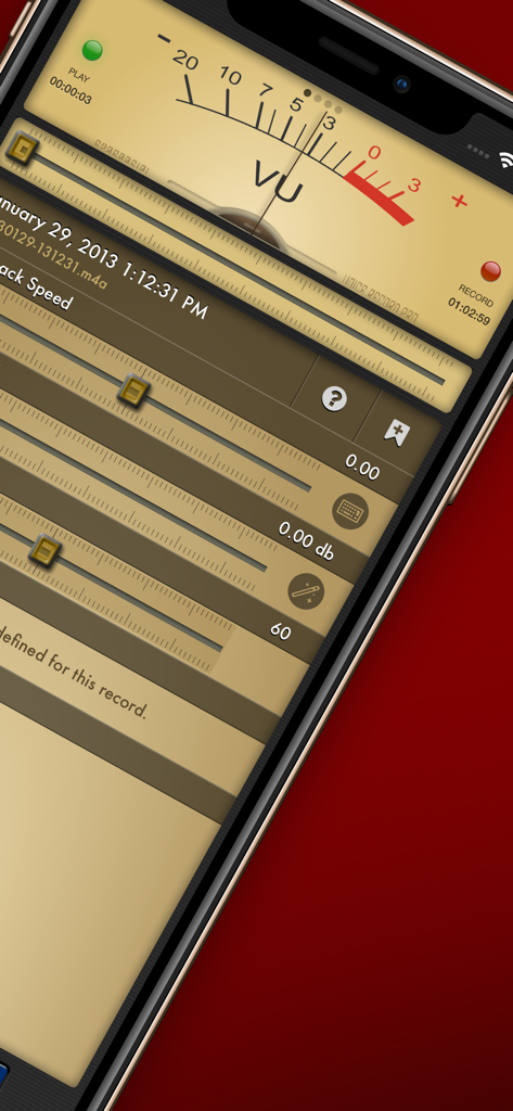 Voice Record Pro - Professional audio recording interface with an analog VU meter and playback speed sliders