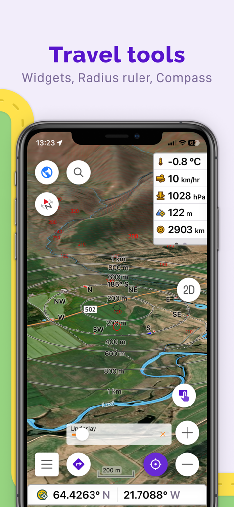 Interfaccia mappa OsmAnd con widget di viaggio e righello di raggio