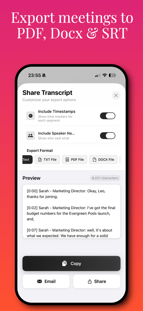 Transcription AI : Voice Notes - A screenshot of the Transcription AI app interface showing options to export meeting transcripts as PDF, DOCX, and SRT files.
