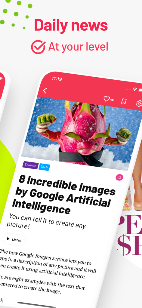 Readable: read English stories - Interface of the Readable app showing a daily news story about AI images tailored for B2 level English learners.