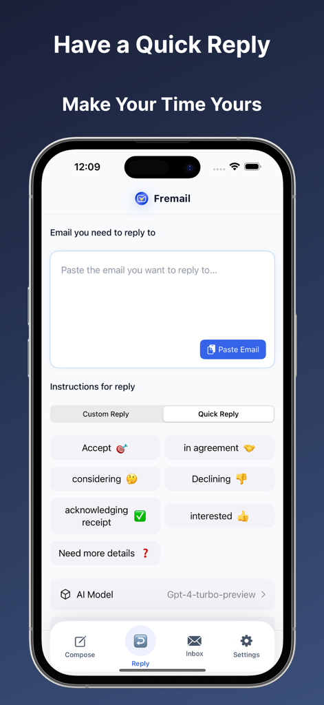 Fremail - AI Email Generator - Fremail app interface displaying quick reply options and AI model selection for generating email responses.
