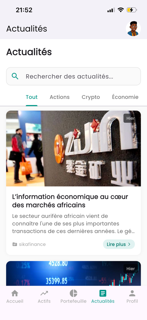 PlayInvest.HD - A news feed in the PlayInvest HD app displaying financial articles focused on African markets.