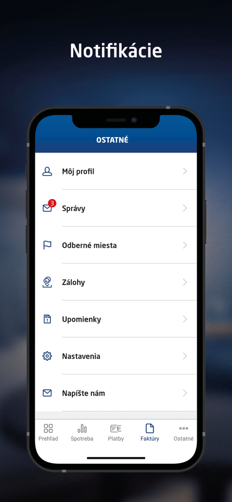 Interface of the eZóna SSE app showing the menu with profile settings and notifications