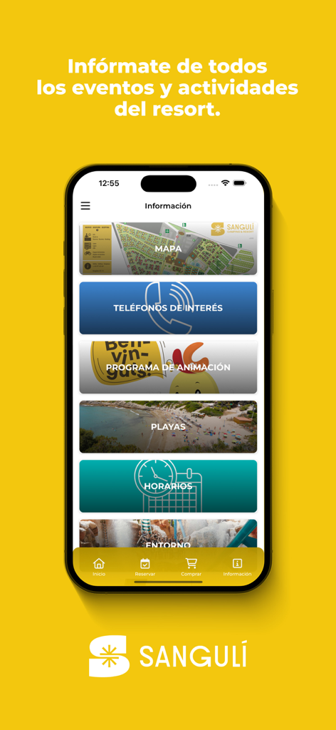 Sangulí - Sanguli app interface showing resort activities map and service hours