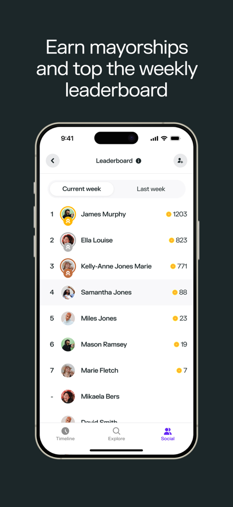 Weekly leaderboard screen in the Swarm app showing user rankings and check in points