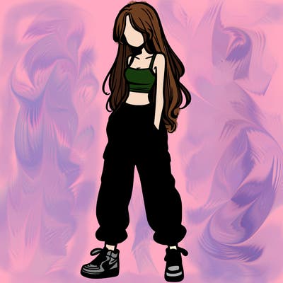 girl in baggy pants crop top and long hair