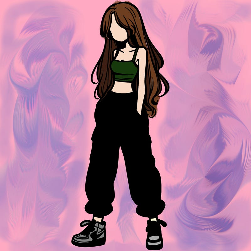 girl in baggy pants crop top and long hair