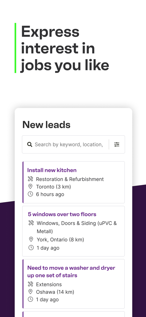 Interface of the HomeStars for Pros app showing a list of new job leads for home service professionals