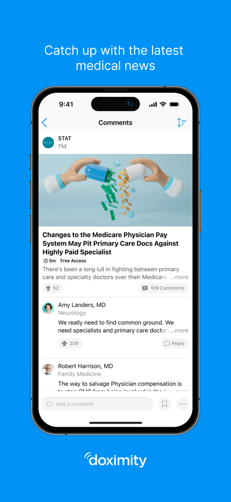 Écran de smartphone montrant la section des actualités médicales de l'application Doximity avec un article et les commentaires des médecins.