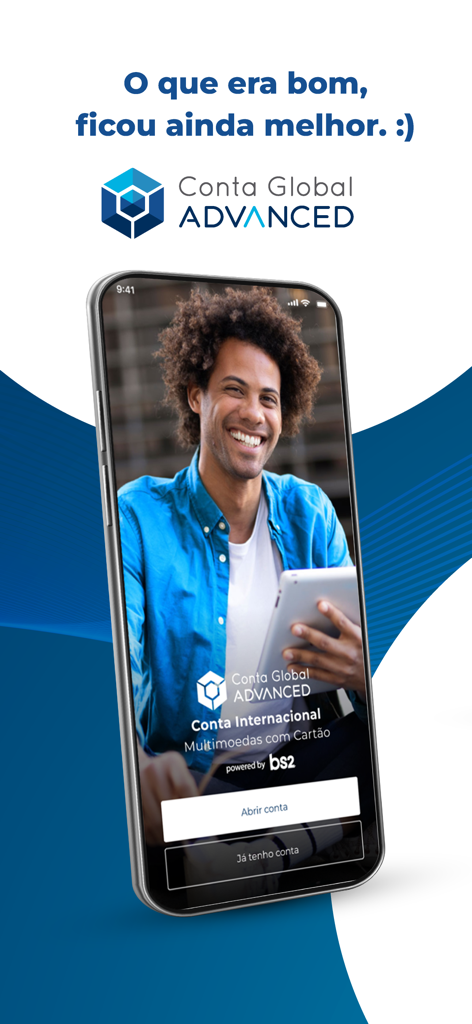 Conta Global Advanced by BS2 - Mobile phone displaying the Conta Global Advanced by BS2 international account home screen