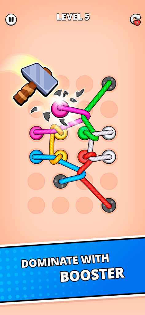Rope Puzzle: Twisted Master - Jugabilidad de Rope Puzzle Twisted Master con un potenciador de martillo rompiendo un alfiler para desenredar cuerdas