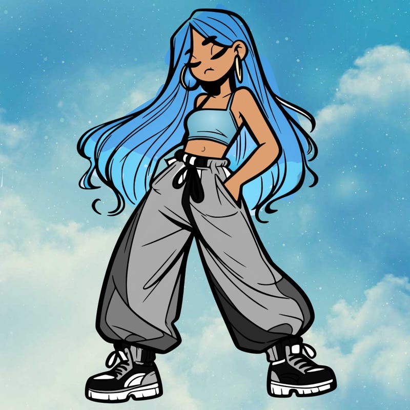 girl in baggy pants crop top and long hair