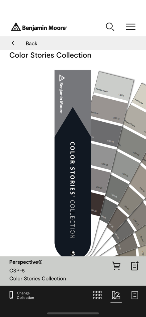 Color Portfolio - Benutzeroberfläche der Benjamin Moore App mit einem virtuellen Farbfächer für die Color Stories Collection mit Grautönen