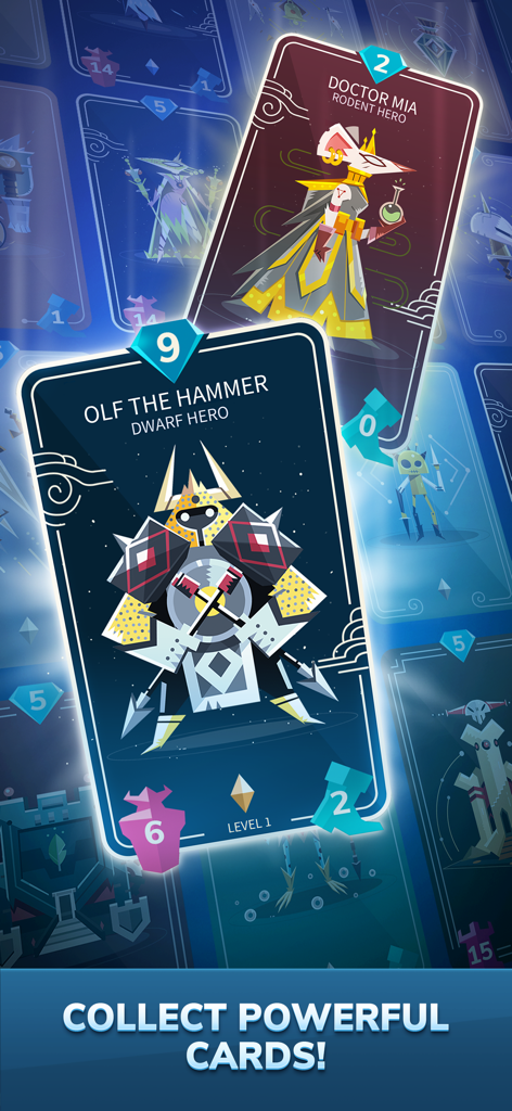 Deux cartes de héros à collectionner, Olf the Hammer et Doctor Mia, du jeu de stratégie Stormbound