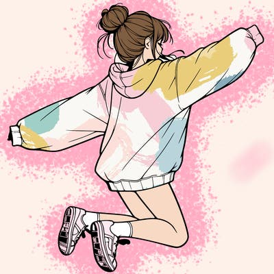 realistic girl jumping with a bun and oversized sweatshirt