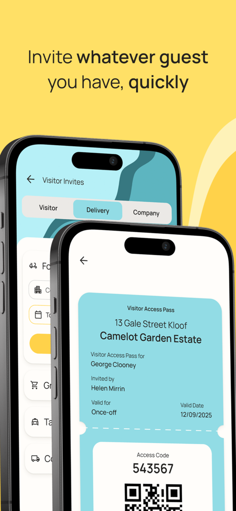 My Estate Life - Smartphone screens showing visitor invite options and a digital access pass with a QR code in the My Estate Life app.