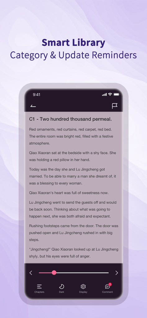 Smartphone displaying the YumRead app interface with a romance story chapter and smart library update reminders.