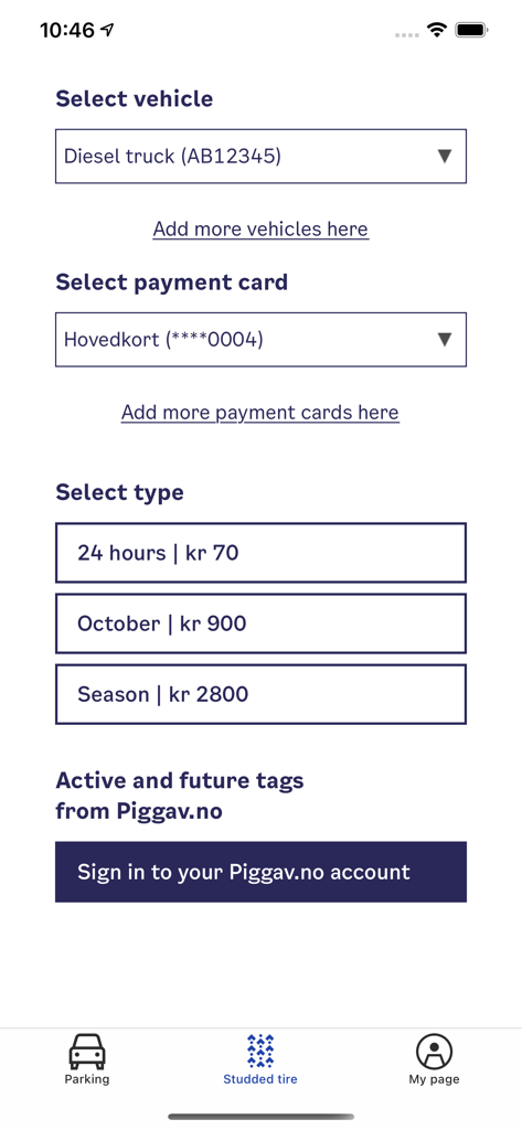 Studded tire fee payment screen in the Bil i Oslo app showing vehicle and price options.