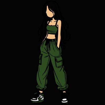 girl in baggy pants crop top and long hair