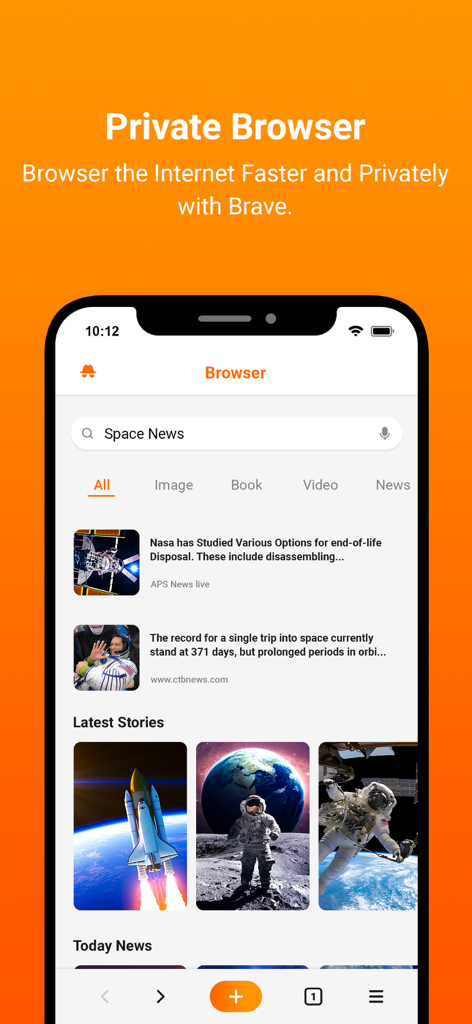 Interfaz de la aplicación móvil NextBrowser mostrando resultados de búsqueda de noticias y navegación privada