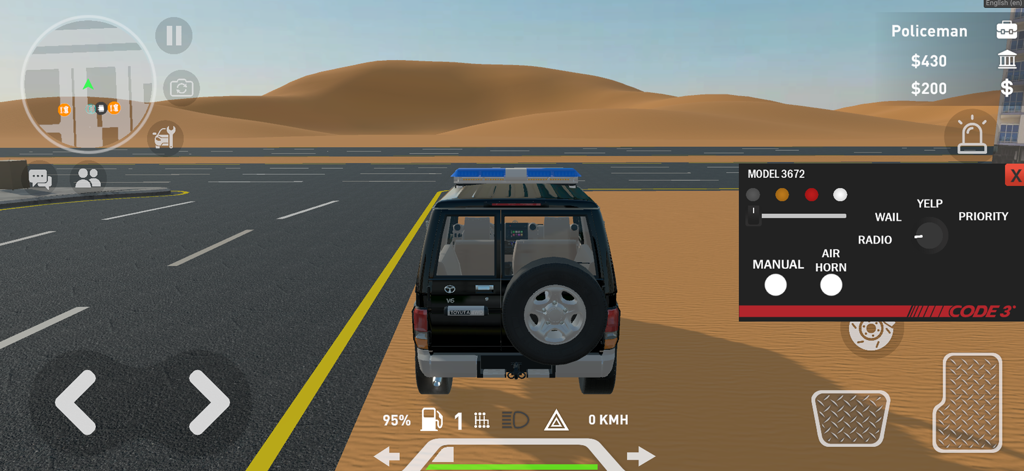 Citizen Khaled - Gameplay of Citizen Khaled showing a police vehicle in a desert environment with siren controls.