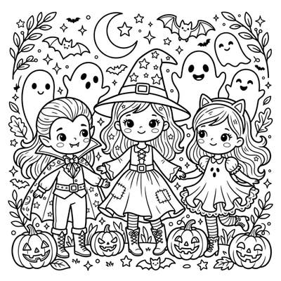 Dive into the spooky spirit with this adorable Halloween coloring page featuring three cute characters dressed as a vampire, a witch, and a cat. Surrounded by friendly ghosts and jack-o'-lanterns, it's perfect for kids ready for some festive fun.