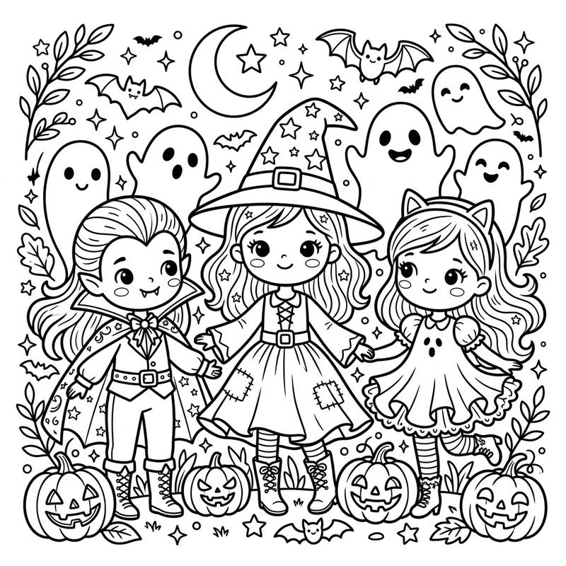 Dive into the spooky spirit with this adorable Halloween coloring page featuring three cute characters dressed as a vampire, a witch, and a cat. Surrounded by friendly ghosts and jack-o'-lanterns, it's perfect for kids ready for some festive fun.